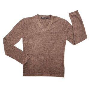 Women's Brown Knit Fit Super Soft Fuzzy Sweater Medium Nylon/Spandex V-Neck Top